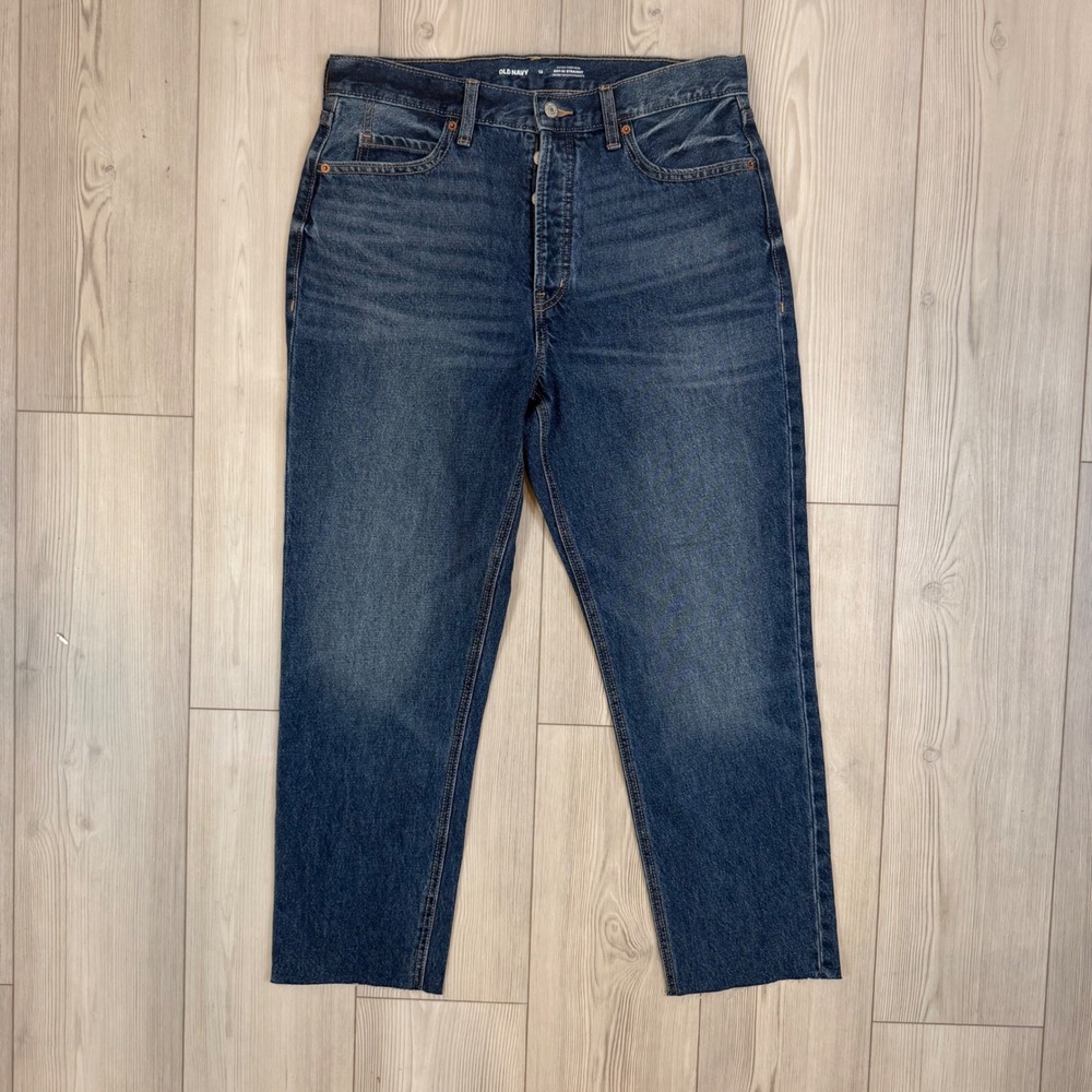 Old Navy Sky-Hi Straight Extra High Rise Button Fly Raw Hem Jeans Blue Womens 12